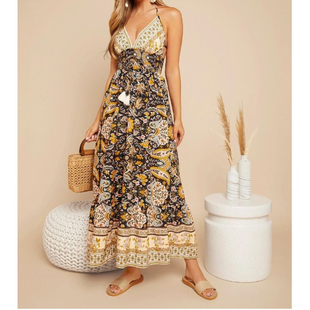 Boho Floral Print Backless Ruffle Hem Halter Dress
